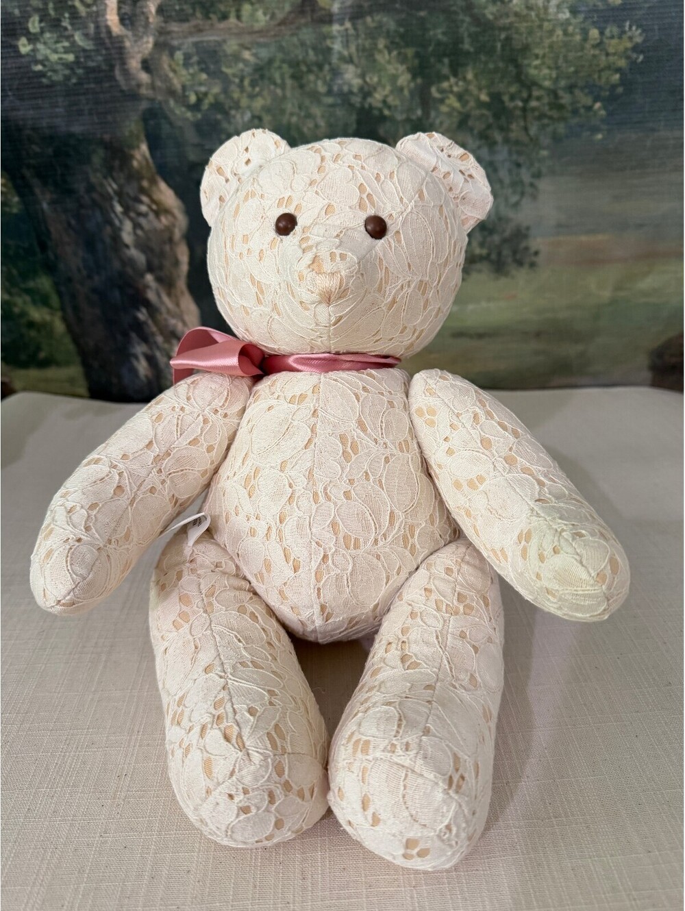 Cream Lace Teddy Bear Plush with Pink Ribbon